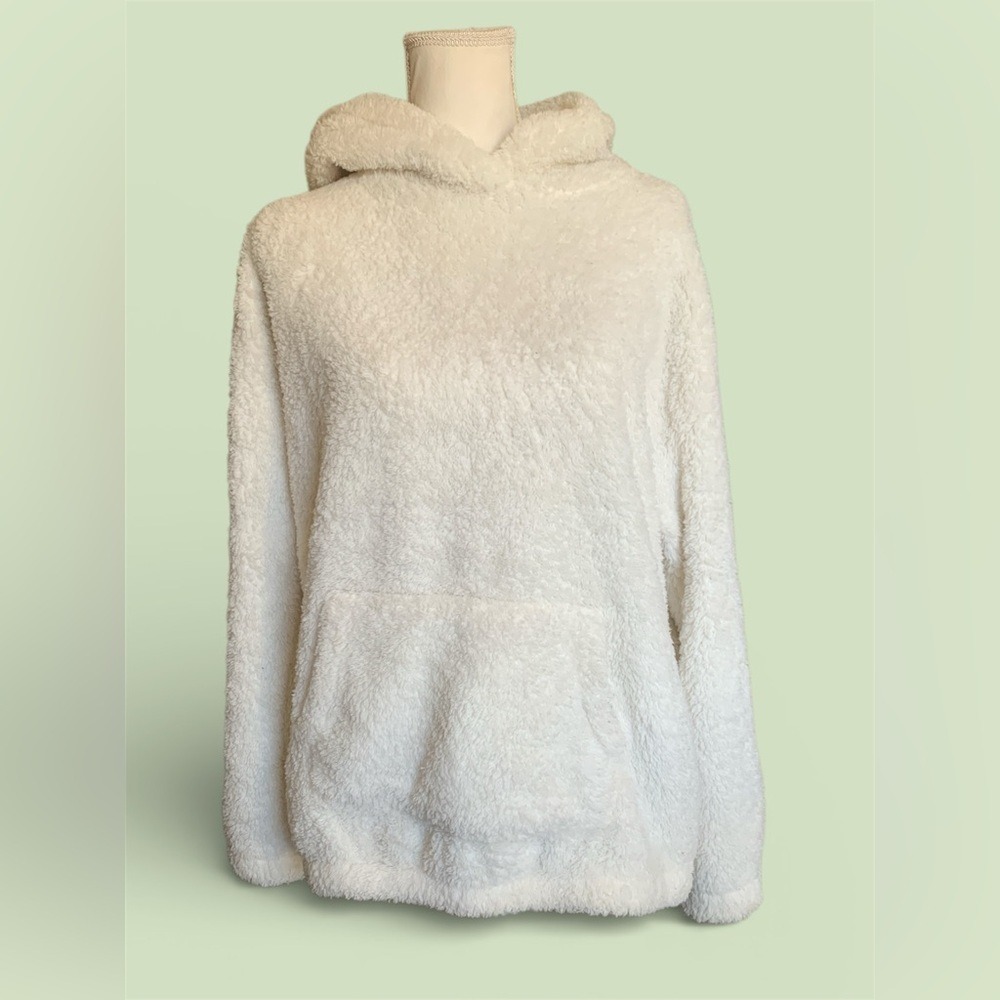 Aeropostale Womens White Faux Fur Teddy Hoodie Pullover Sweatshirt Medium
